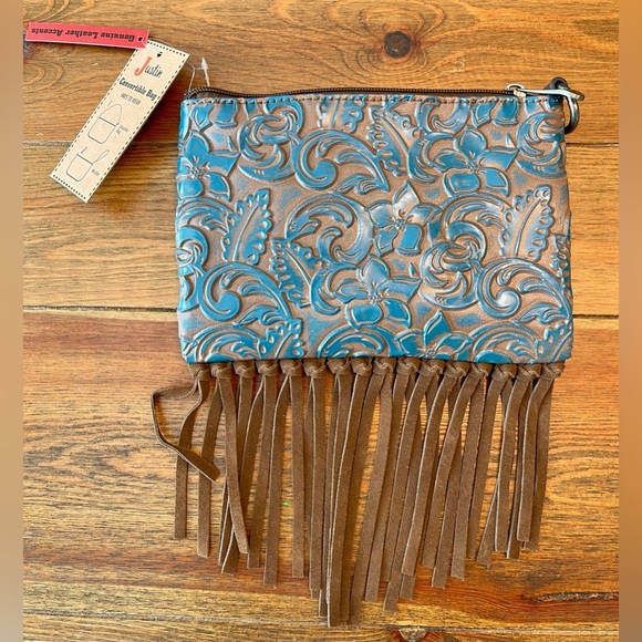 Justin | Western Leather Fringe | Wristlet or Shoulder Bag | Turquoise and Brown - Picture 1 of 3